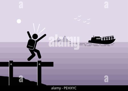 Man failed to catch the boat which has already sailed away. Vector artwork depicts late, slow, laggard, and left behind. Stock Vector