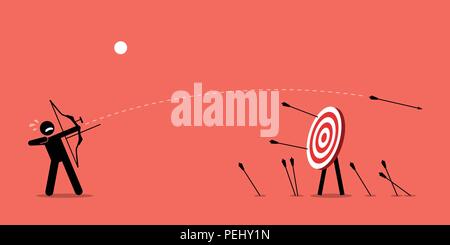 Man desperately trying to shoot arrows with bow to hit the bullseye but failed miserably. Vector artwork depicts failure, inaccurate, missing. Stock Vector