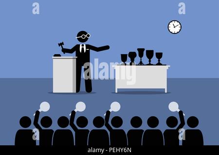 Vector artwork depicts an auction place. Stock Vector