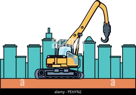 crane truck over city buildings and  white background, vector illustration Stock Vector