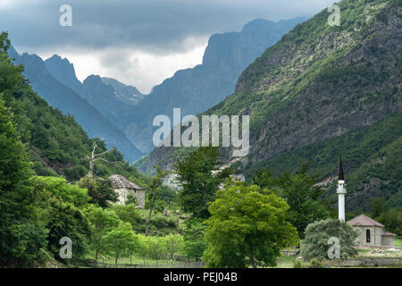 A village mosque at Dragobi in the Valbona River Valley, part of the Valbona National Park,  in North eastern Albania, Stock Photo