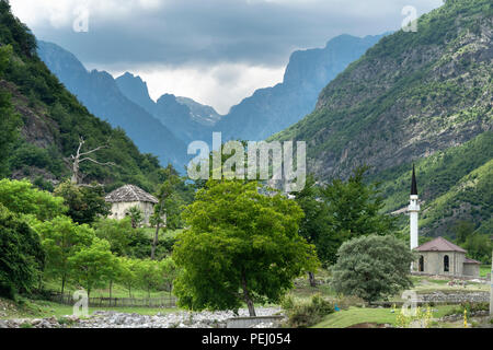 A village mosque at Dragobi in the Valbona River Valley, part of the Valbona National Park,  in North eastern Albania, Stock Photo