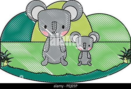 cute koalas in the grass over white background, vector illustration Stock Vector