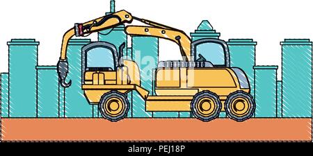 crane truck icon over city buildings and white background, vector illustration Stock Vector