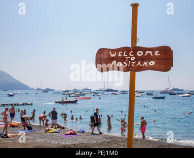 Welcome to Positano sign on the beach at Positano Italy Stock Photo