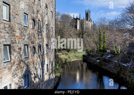 Dean village with apartments on the left side and the Rhema Christian Centre Church on Dean bridge in the background Stock Photo