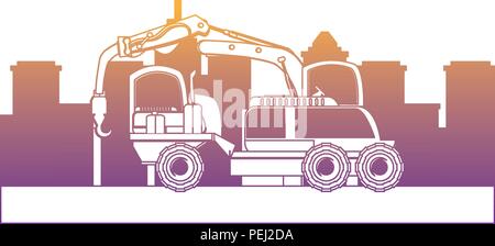 crane truck icon over city buildings and white background, vector illustration Stock Vector