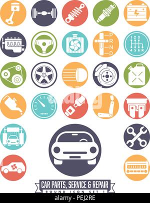 Collection of car parts, service and repair icons in colored circles. Round automotive symbols set 1. Stock Vector