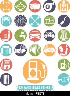 Collection of car parts, service and repair icons in colored circles. Round automotive symbols set 2. Stock Vector