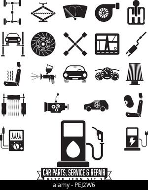Collection of isolated car parts, service and repair glyph icons. Automotive symbols set 2. Stock Vector