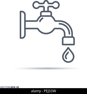Dripping tap vector line icon. Waste of resources symbol. Stock Vector