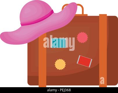 travel suitcase and beach hat over white background, vector illustration Stock Vector