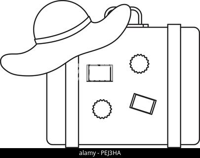 travel suitcase and beach hat over white background, vector illustration Stock Vector
