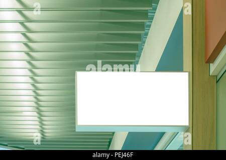 Mock up horizontal rectangular white empty signage of store, shop in shopping mall Stock Photo