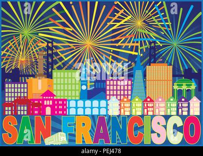 San Francisco California City Skyline with Trolley Sun Rays Text Fireworks display pattern color Illustration Stock Vector