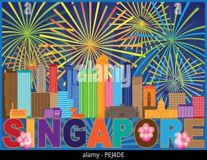 Singapore City Skyline Silhouette Outline Panorama Fireworks Text Color Background Illustration Stock Vector