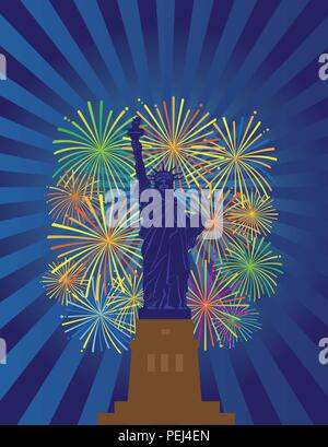 Statue of Liberty on Staten Island in New York City Fireworks Night Illustration Stock Vector
