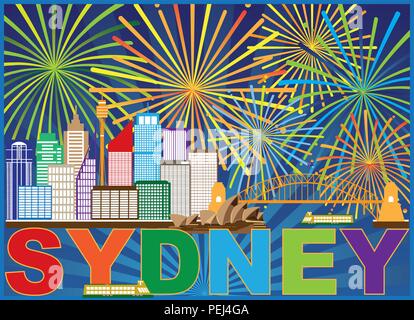 Sydney Australia Skyline Landmarks Harbour Bridge Colorful Abstract Fireworks Display Background Illustration Stock Vector