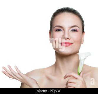 Spa beauty girl showing empty copy space on the open hand isolated on ...