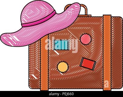 travel suitcase and beach hat over white background, vector illustration Stock Vector