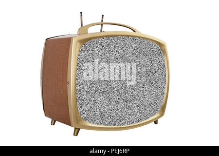 Retro 1950s portable television with static screen. Stock Photo