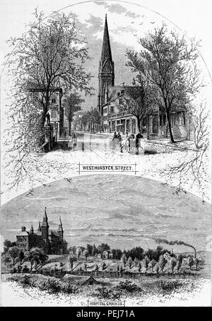Black and white vintage print depicting two scenes of the city of Providence, in Rhode Island, USA, with the historic commercial district on Westminster Street in the upper register and the Hospital Grounds in the lower register, published in William Cullen Bryant's edited volume 'Picturesque America; or, The Land We Live In', 1872. Courtesy Internet Archive. () Stock Photo