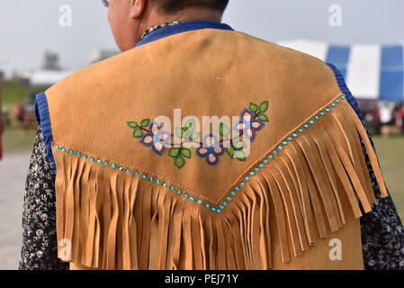 Moose-hide vest with Embroidery, Northern Quebec , Canada Stock Photo