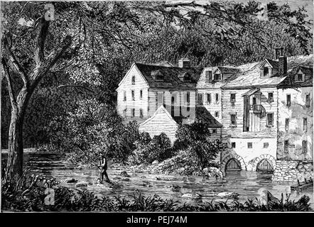 Black and white vintage print depicting a man fishing in a stream, with a large gunpowder mill in the background, in the Rockland section of the Brandywine River, located in Pennsylvania, USA, and published in William Cullen Bryant's edited volume 'Picturesque America; or, The Land We Live In', 1872. Courtesy Internet Archive. () Stock Photo