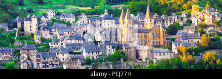 Impressive Conques village over sunset,Panoramic View,France Stock Photo