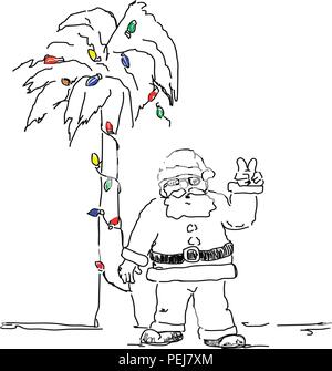 Santa says peace underneath a palm tree decorated for December Holidays Stock Vector