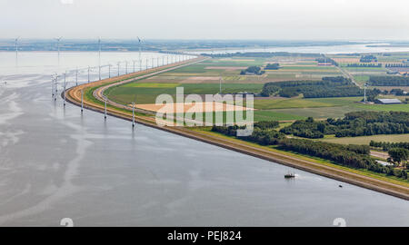 Aerial view wind turbines along coast of Flevoland, The Netherlands Stock Photo