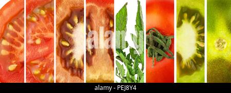 Collage of tomatoes. Sliced tomatoes.  Fresh home-made vegetables. Preparation of vegetable salad. Vegetarian food Stock Photo