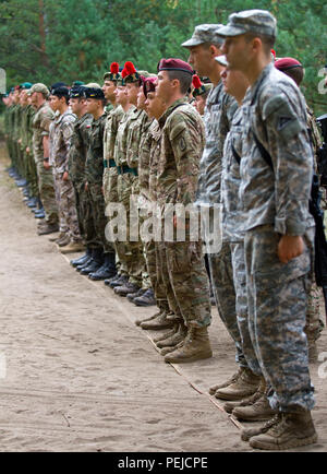 United States Army Soldiers from 1st Brigade, 4th Infantry Division, stationed at US Army Garrison Hohenfels, Bavaria, right, and Dog Company, 1st Battalion, 503rd Infantry Regiment, 173rd Airborne Brigade, next right, stationed in Vicenza, Italy, and deployed to Lithuania, stand in formation in closing ceremonies along with Great Britain, Poland, Latvia, Denmark and Lithuanian Soldiers, all whom competed in the Lithuanian Land Forces Best Squad Competition at the Great Lithuanian Hetman Jonusas Radvila Training Regiment, in Rukla, Lithuania, Aug. 28, 2015. The two-day competition improves NAT Stock Photo