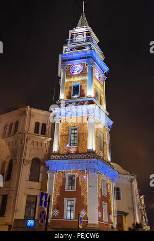 City Duma tower with New Year and Christmas decorations on Nevsky Prospect at night. Saint Petersburg. Russia Stock Photo