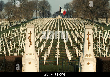 Caption below from Travel France website and is subject to copyright. La Targette French cemetery is located in La Targette in Neuville-Saint-Vaast. It contains the graves of 11,443 soldiers killed during the battles of Artois WWI, and 593 killed during WWII.  The village was completely destroyed during the Second Battle of Artois, an offensive that took place in May 1915. La Targette French Cemetery is located next to the British war cemetery, along the D55 road that links Lens to Maroeuil. La Targette French Cemetery was open in 1919. It contains the graves of 11,443 soldiers killed during t Stock Photo