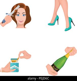 Curling hair, high heels and other  icon in cartoon style. A pack of cigarettes, a bottle of champagne in hand icons in set collection. Stock Vector