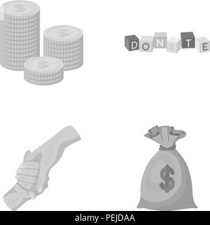 A pile of coins for donations, colored cubes with an inscription, a handshake, a bag of money for donations. Charity and donation set collection icons Stock Vector