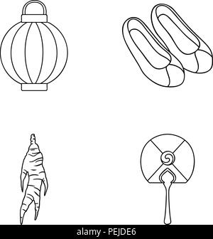 Healing root, Korean flashlight, national shoes, multi-colored fan. South Korea set collection icons in outline style vector symbol stock illustration Stock Vector