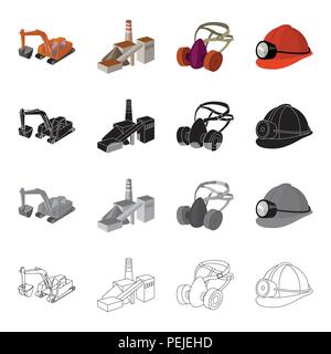Mountain excavator, mine building, protective respirator, helmet miner. Mining industry set collection icons in cartoon black monochrome outline style Stock Vector