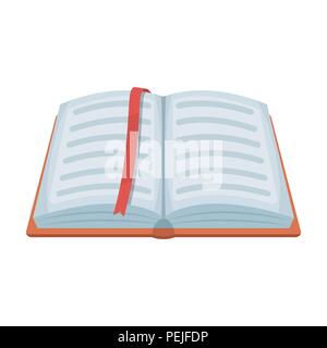 Opened notepad with pencil and pen in top view. Sketchbook or diary. Notebook with red bookmark. A notebook at school.School And Education single icon Stock Vector