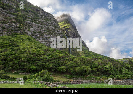 Cascata do Poço do Bacalhau, a waterfall on the Azores island of Flores, Portugal. Stock Photo