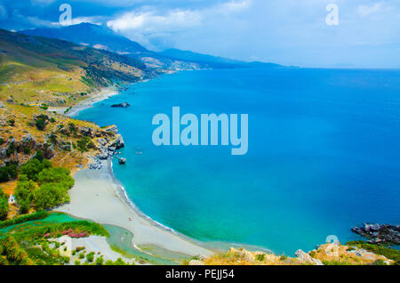 Preveli beach at Libyan sea, river and palm forest, paradise coast of southern Crete , Greece Stock Photo