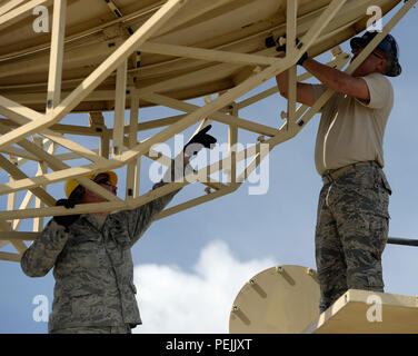 Senior Master Sgt. Christopher Randall, communications infrastructure systems supervisor, and Tech. Sgt. Agapito Flores, an aerospace ground equipment specialist, with the 147th Maintenance Group, 147th Reconnaissance Wing, Texas Air National Guard, based at Ellington Field Joint Reserve Base in Houston, assemble a satellite Aug. 31, 2015, at Lielvarde Air Base, Latvia. The maintainers mobilized with other members of the wing to the Baltic nation where they deployed an entire MQ-1B Predator package, launching and recovering the first large-scale remotely piloted aircraft in Latvia. (Air Nation Stock Photo