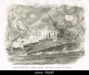 Battle of the Yalu River, 17 September 1894,  Chinese warship Jingyuen on fire and sinking Stock Photo