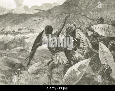 Fighting in the Matappo hills, a charge of Matabele warriors, during The Second Matabele War 1896 to 1897.  Also known as the Matabeleland Rebellion, and known in Zimbabwe as the First Chimurenga Stock Photo