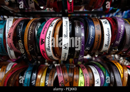 Display Of Souvenir Leather Bracelets With Barcelona Written On For Sale Tourist Souvenirs Stock Photo