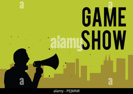 Handwriting text Game Show. Concept meaning Program in television or radio with players that win prizes Man holding megaphone speaking politician maki Stock Photo