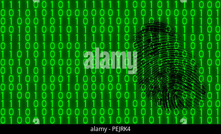 Black fingerprint on digital background of binary code pattern. Abstract texture of green 1 and 0 digits. Idea of digitization, software, cyber space. Stock Photo