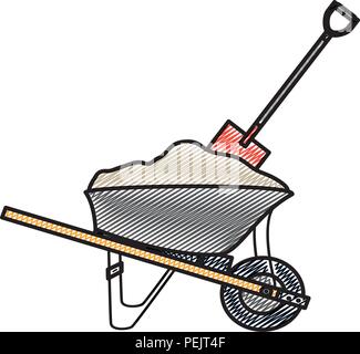 doodle wheelbarrow construction with cement and shovel equipment Stock Vector