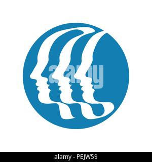 Three (or six) human profile, drawn by calligraphic ribbon-like single line. Symbol of the unity in diversity. Vector drawing on isolated background. Stock Vector